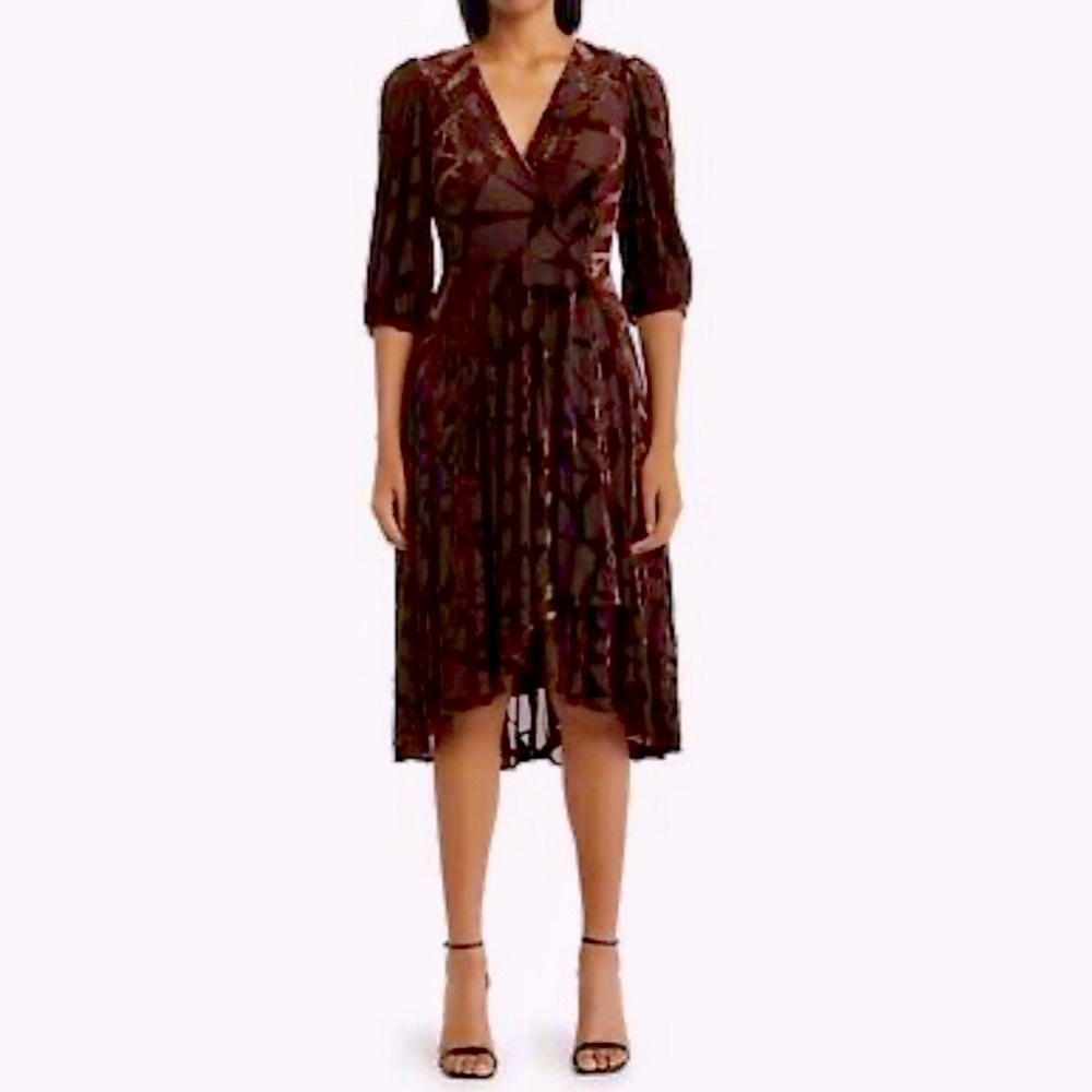 Calvin Klein Brown Burnout velvet V-neck Surplice Midi Dress size 10.